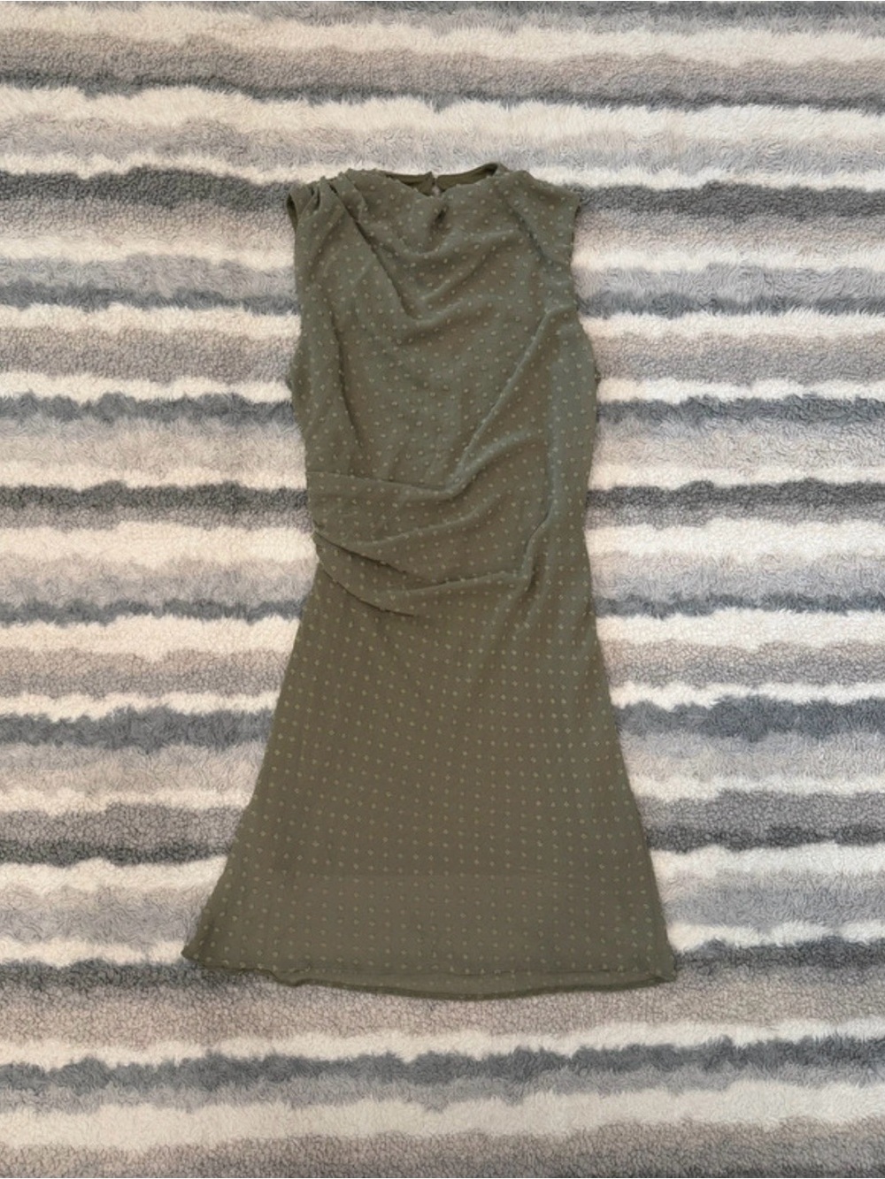 Olive Green Cowl Neck Ruched Swiss Dot Dress US 6